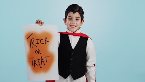 halloween, poster and portrait of child with paper