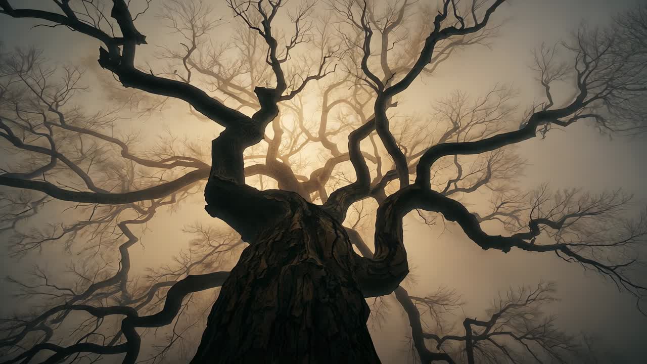 Pulling back low-angle camera revealing large leafless tree crown at foggy clearing, with backlight