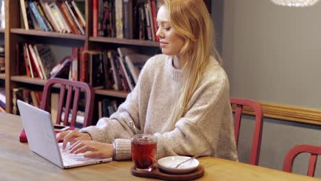 Hübsche-Frau-Mit-Laptop-In-Bibliothek