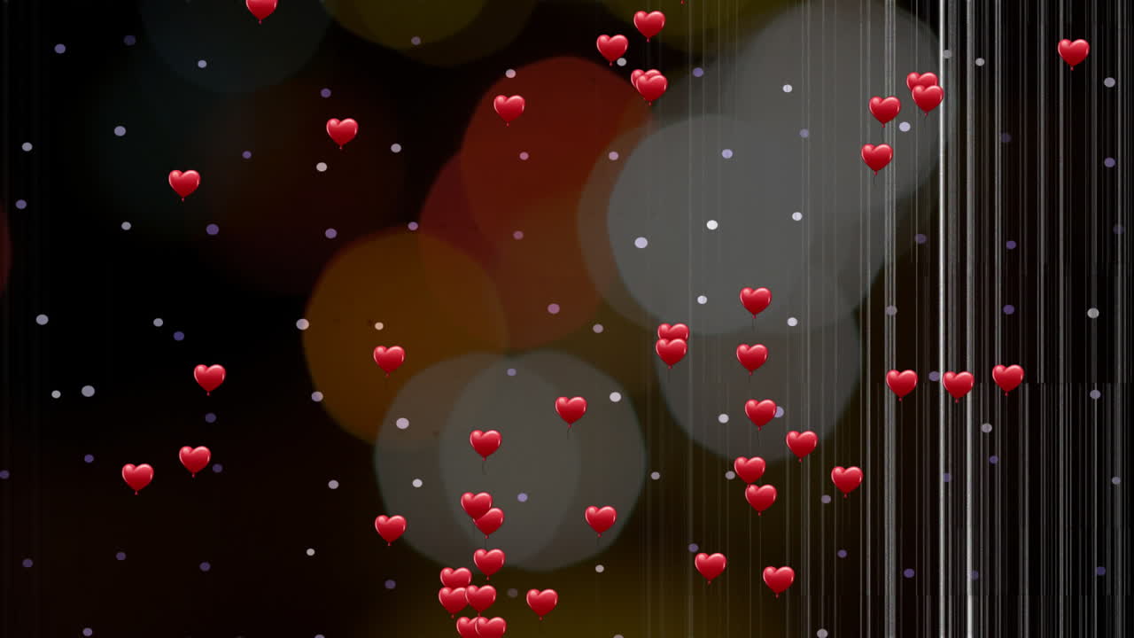 Floating red heart balloons drifting across dark bokeh background, showing faint light streaks