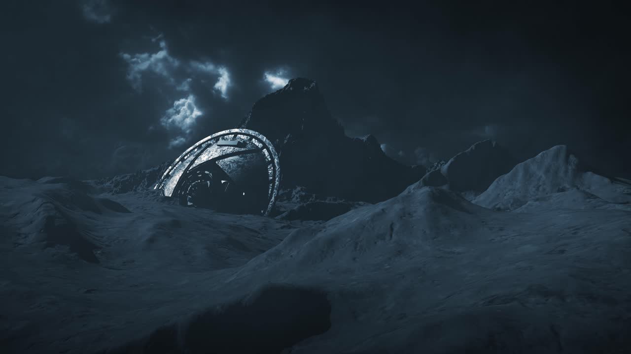 Alien Artifact in a Stormy Mountainous Landscape
