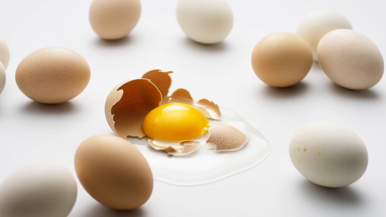 Cracked Egg with Yolk and Albumen Surrounded by Whole Eggs on White Background