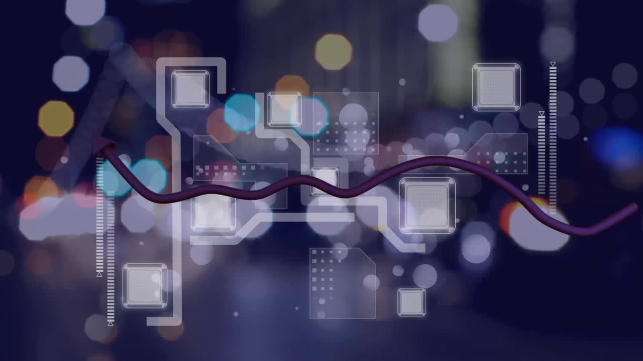 Animation of statistic with line and network of connections over out of focus road traffic