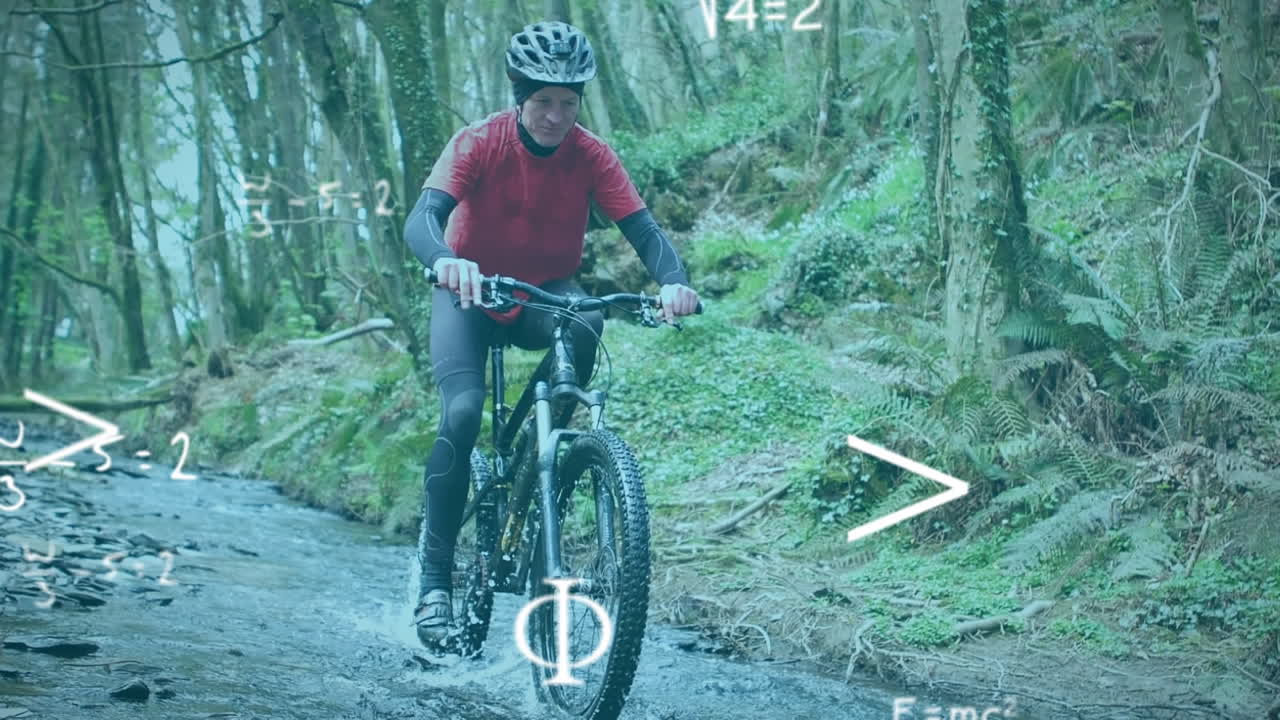 Equazioni e simboli matematici con un uomo che va in bicicletta nella foresta.