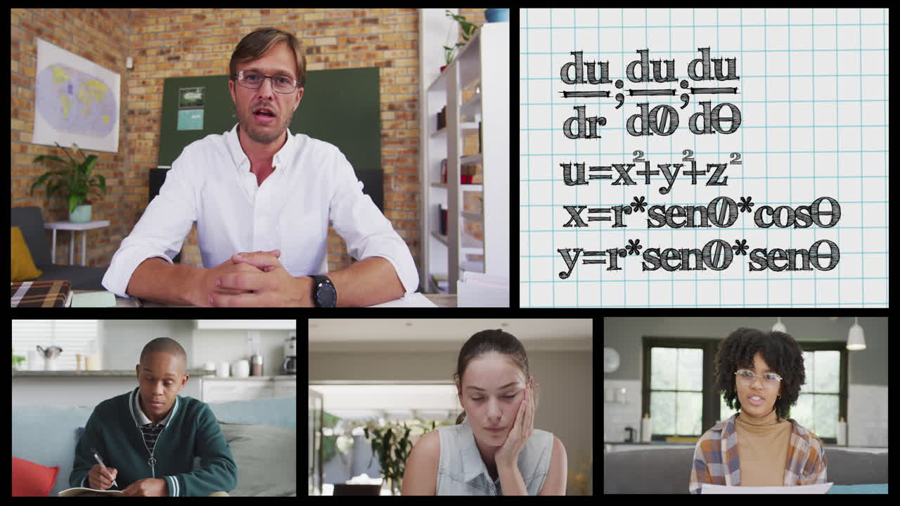 pantallas con llamadas en línea de diversos maestros varones, estudiantes y fórmulas matemáticas