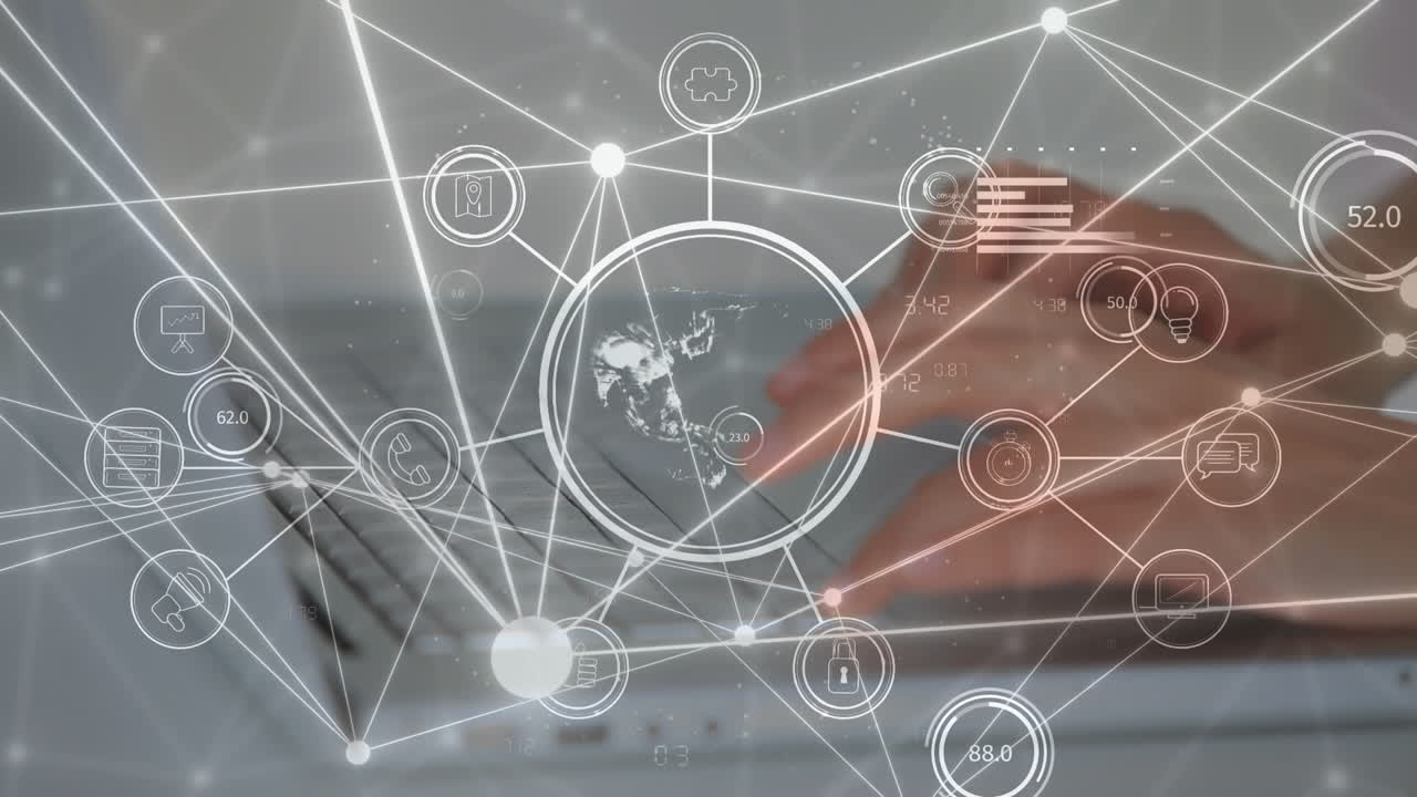 노트북을 가진 코카시안 사업가와 함께 전 세계와의 연결 네트워크의 애니메이션