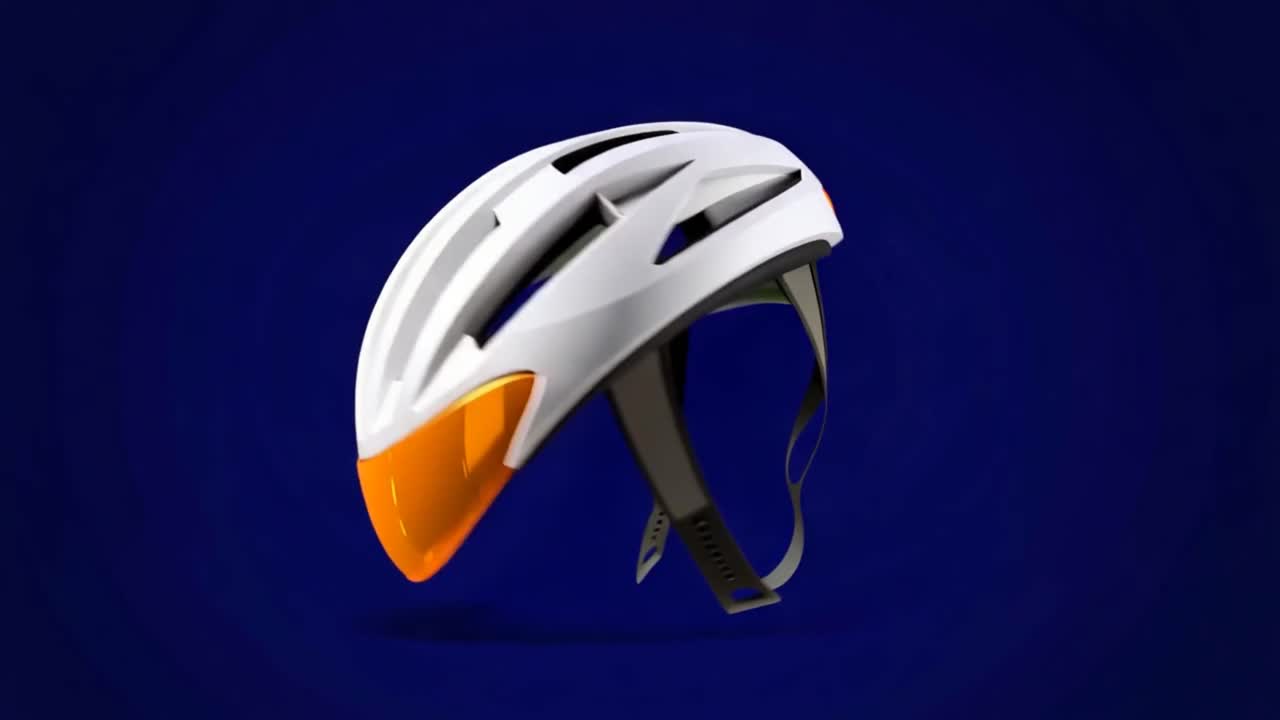 White Bicycle Helmet with Orange Visor Rotating on Blue Background