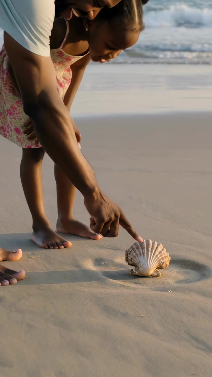 Vertical video: Seeing shell, dad walking girl in dress inspecting it, prints in sand, copy space
