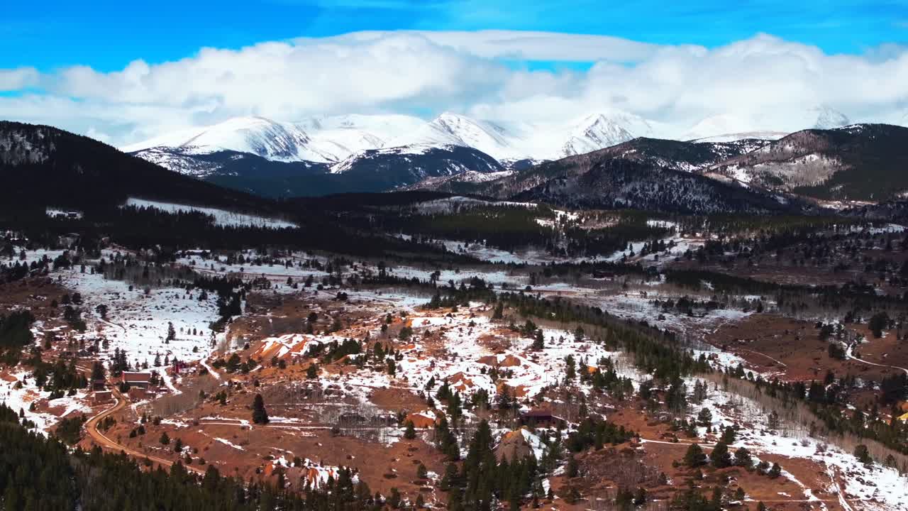 Nederland Eldora Historic Central City Parkway Black Hawk Idaho Springs aerial drone Colorado snowy Rocky Mountains Indian Peaks Gilpin County Gold mining winter blue sky sunny clouds backwards pan