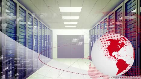 animation of globe and data processing over server room