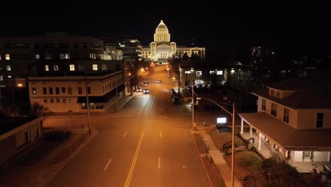 Arkansas-State-Capitol-building-at-night-in-Little-Rock,-Arkansas-with-drone-video-low-and-stable