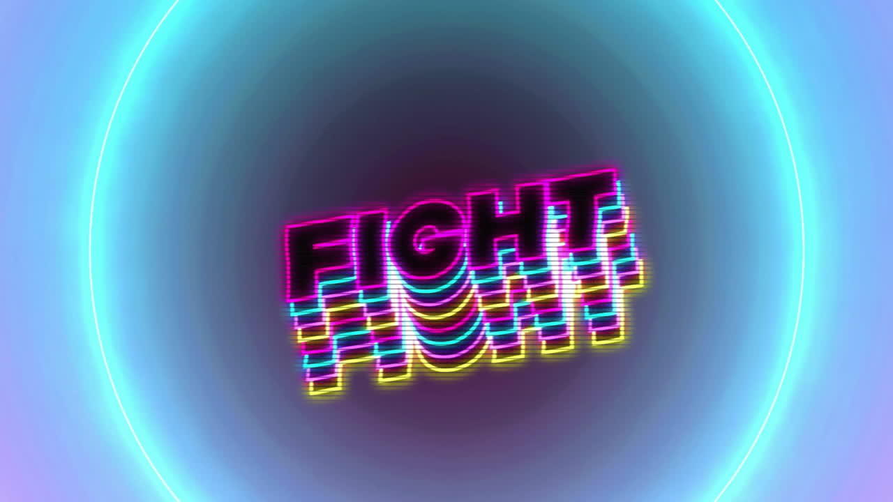 Animation of fight text over colourful circles on purple background