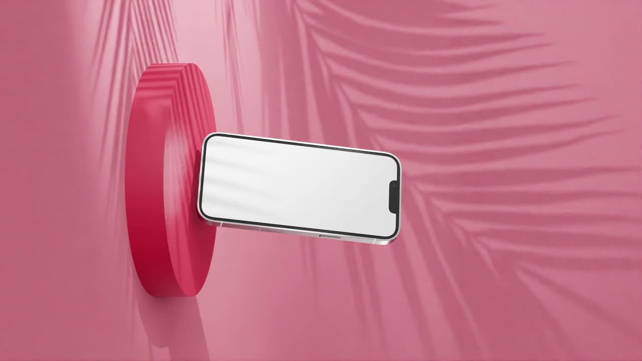 maqueta de teléfono celular de pantalla blanca en fondo rosado con vibraciones tropicales, vertical