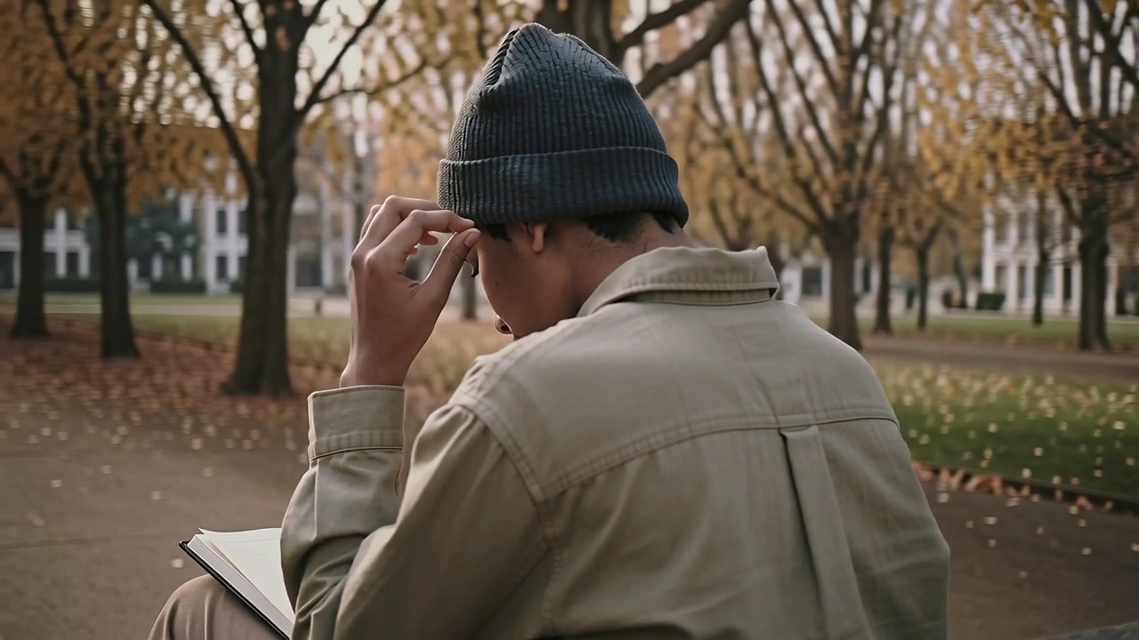 Reading student in jacket adjusting dark knit beanie on park bench, camera panning with open book