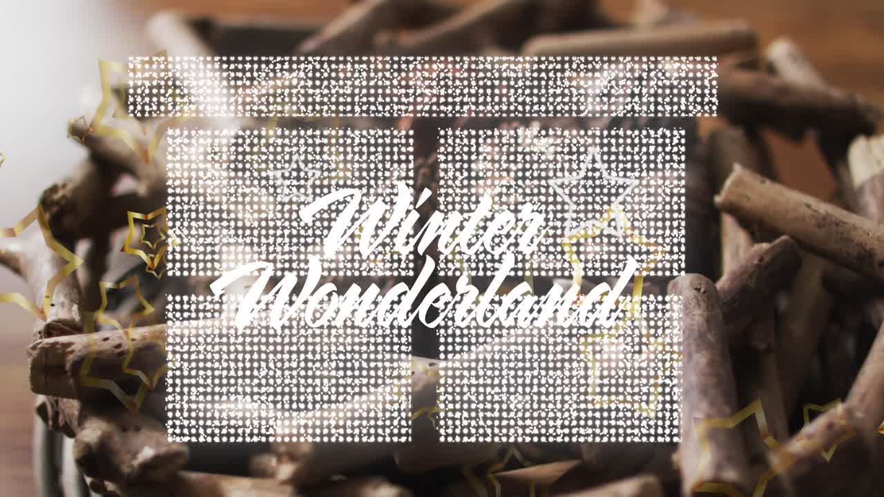 카네몬 막대기 위에 있는 겨울의 원더랜드 텍스트의 애니메이션