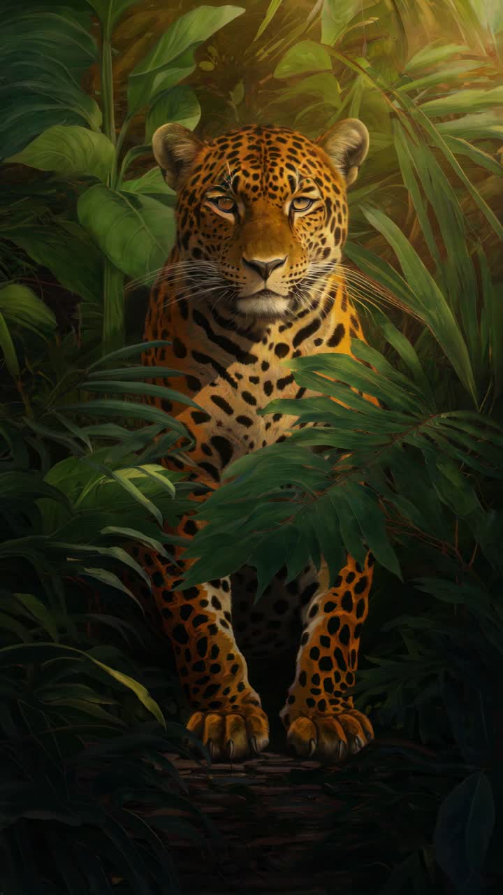 Un majestuoso jaguar emerge de la exuberante vegetación selvática, capturado desde un ángulo bajo con un estilo cinematográfico.
