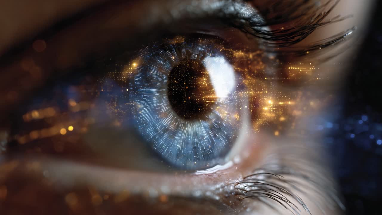Primo piano di un occhio con un'iride blu accattivante e dettagli intricati, che evidenzia il pulsare delle luci e la profondità visiva in una composizione ipnotizzante.
