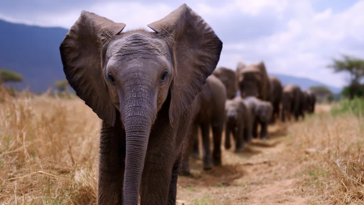 A Majestic Elephant Family Journeying Through the Grasslands: Captivating Moments of Their Life in Nature, Showcasing the Bond Between Generations and the Beauty of the Wild Landscape