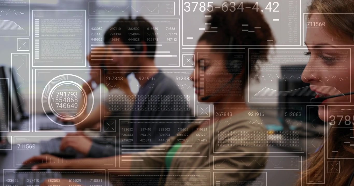 Vertical video: Support agent handling new support call, using headset, keyboard, HUD overlaying