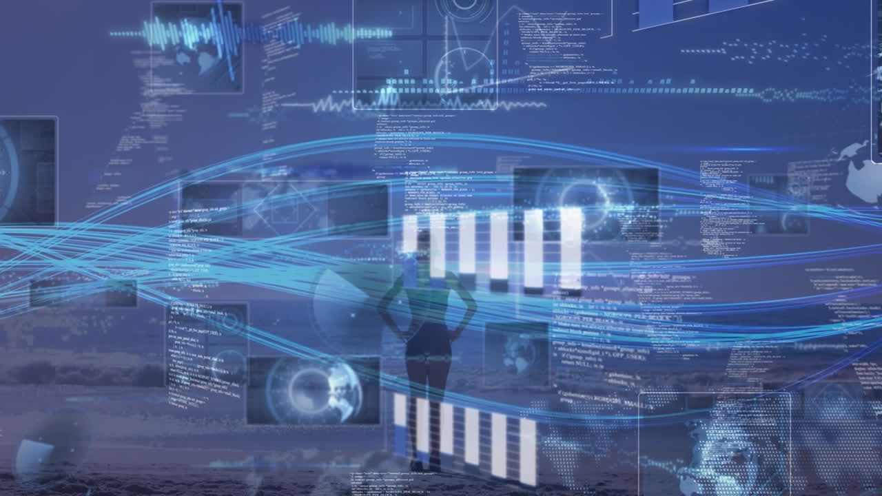 Animation of data processing over woman exercising outdoors