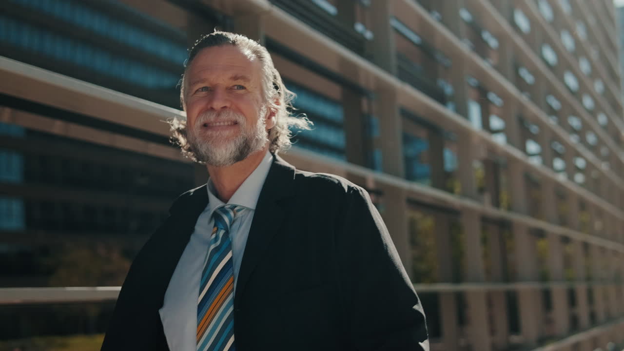 Smiling Businessman Walking Near Modern Office Building