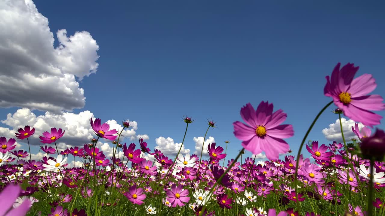 Video con angolazione dal basso che riprende un vivace campo di fiori rosa e bianchi sotto un vasto cielo blu