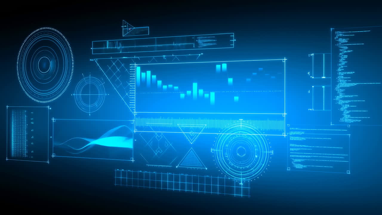 Futuristic Blue Digital Interface with Data Visualization and Graphs