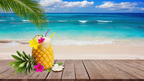 refreshing pineapple cocktail served in a pineapple shell, decorated with colorful straws and flowers, resting on a wooden pier by a tranquil turquoise ocean