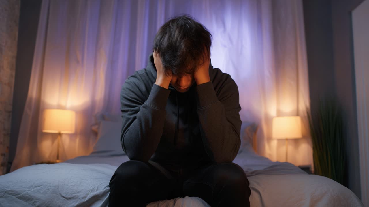 Um Jovem Luta com Emoções Avassaladoras em um Quarto Mal Iluminado, Contemplando os Desafios da Vida Em Meio a uma Atmosfera Sombria e Iluminação Suave