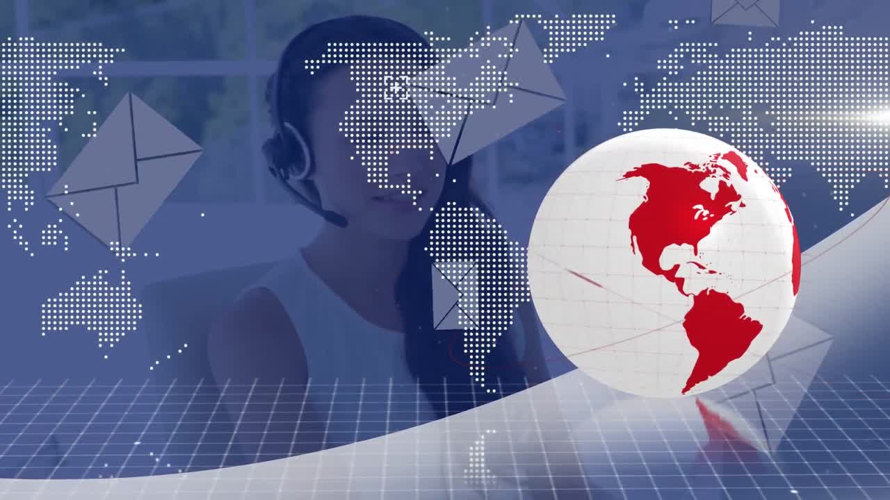 animación del globo sobre la gente de negocios usando auriculares de teléfono