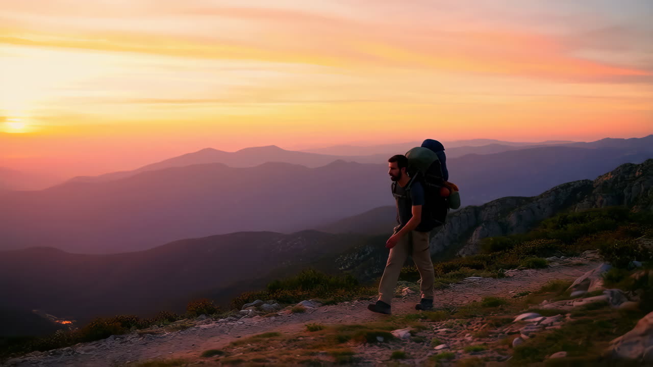 Man Backpacking on a Mountain Trail at Sunset