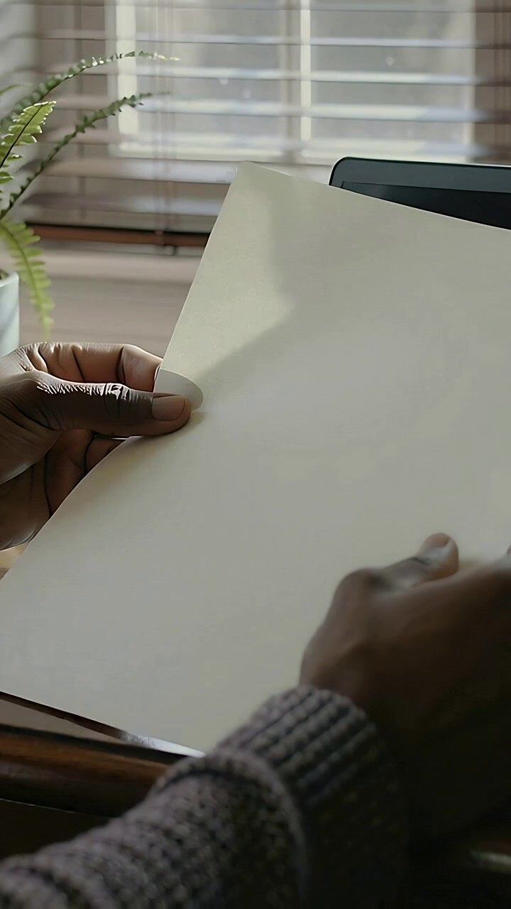 Vertical video: Sliding blank paper, knit-sleeved hands tilting to center at desk, laptop and fern