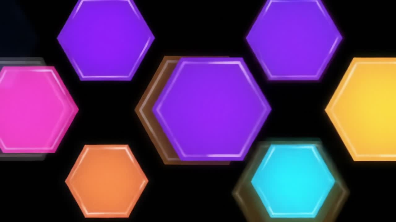 A Visual Symphony of Colorful Hexagons: Explore the Dynamic Interaction of Vibrant Shapes and Light with a Striking Black Background for a Modern Aesthetic