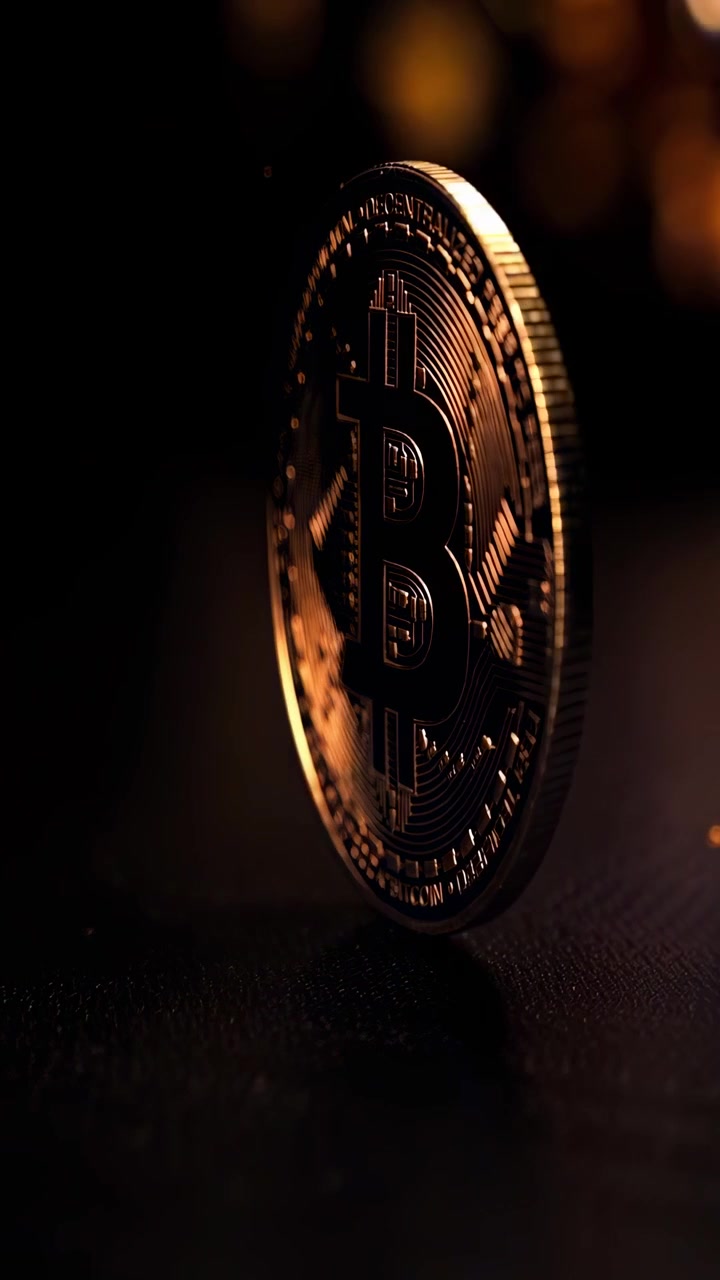 Moeda Bitcoin Dourada Girando em uma Superfície Escura