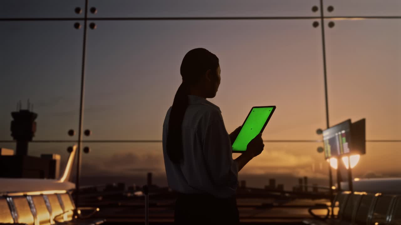 비행기를 기다리는 동안 녹색 화면 태블릿을 사용하여 공항의 탑승 라운지에서 굴러가는 수하물을 가진 아시아 여성의 뒷면, 비행기가 창밖에서 이륙합니다