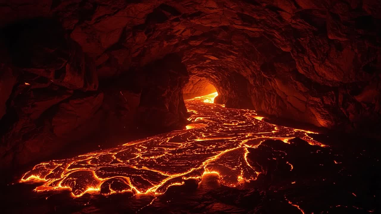 Captivating Visualization of Flowing Lava Through a Cave: Nature's Raw Power and the Beauty of Volcanic Activity Showcased in Stunning Detail