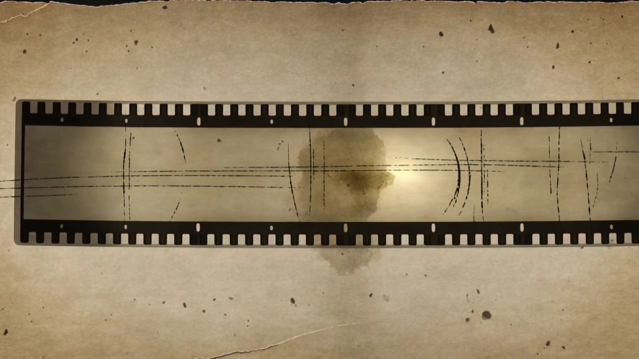 Wiedergabe beginnt, gleitende Filmstreifengrafik bewegt sich auf gealtertem Papier für Retro-Titel, Lichtreflex und Fleck