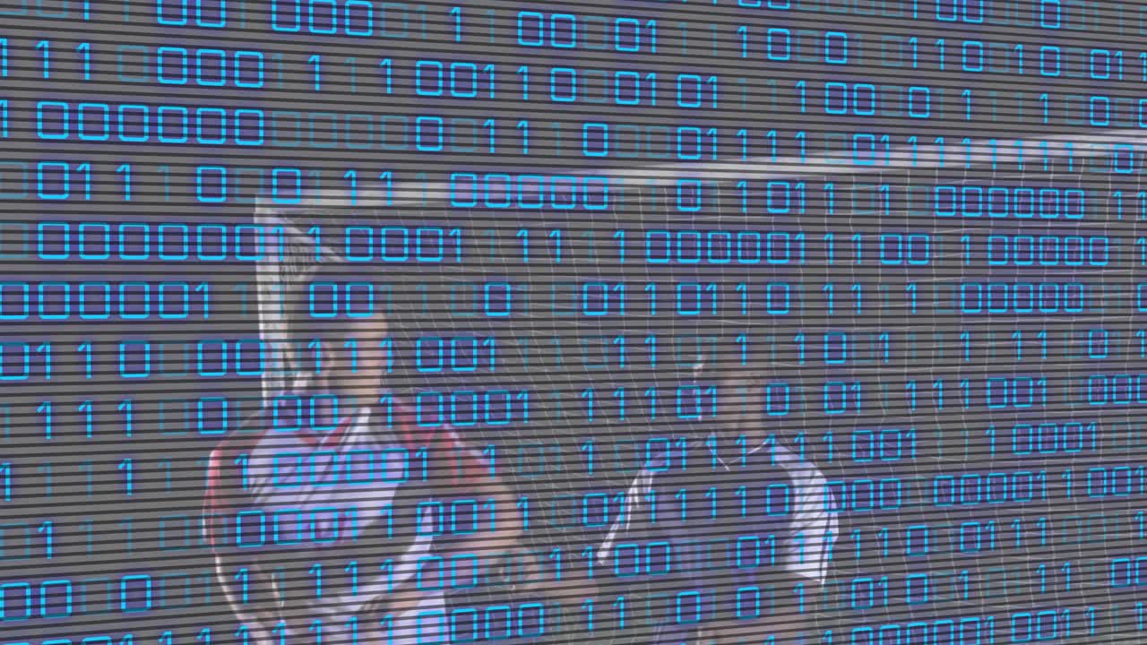 Soccer players walking sideline initiating handshake, under binary code overlay for sportsmanship