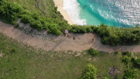 Tourist-Bewundernder-Meerblick-Von-Der-Klippe,-Luftaufnahme,-Die-Den-Berühmten-Kelingking-Strand,-Die-Insel-Nusa-Penida,-Bali-Enthüllt