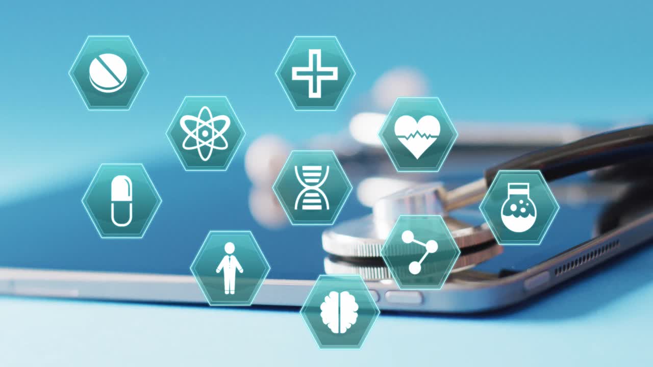 태블릿과 스테토스코프에서 의료 아이콘의 애니메이션