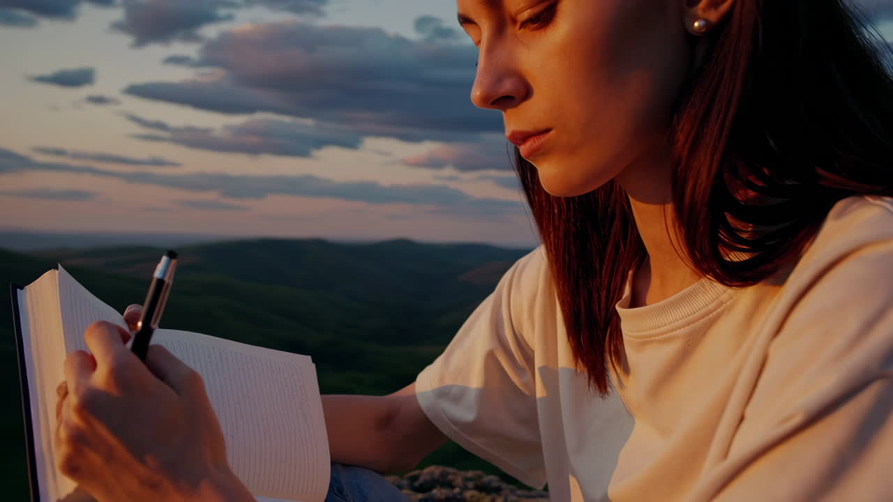 Woman Journaling Outdoors at Sunset