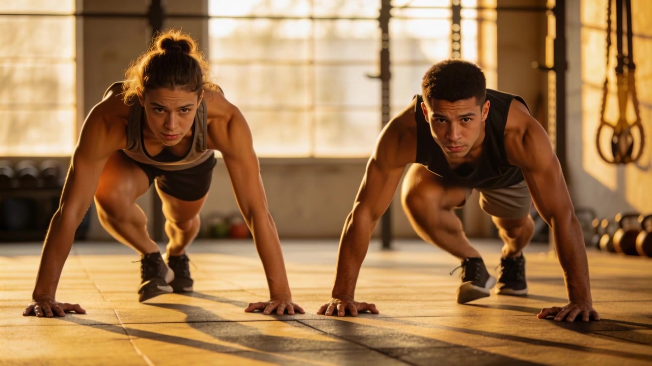 Starting low, pair performing explosive push and tuck at gym training with rings, wearing shorts