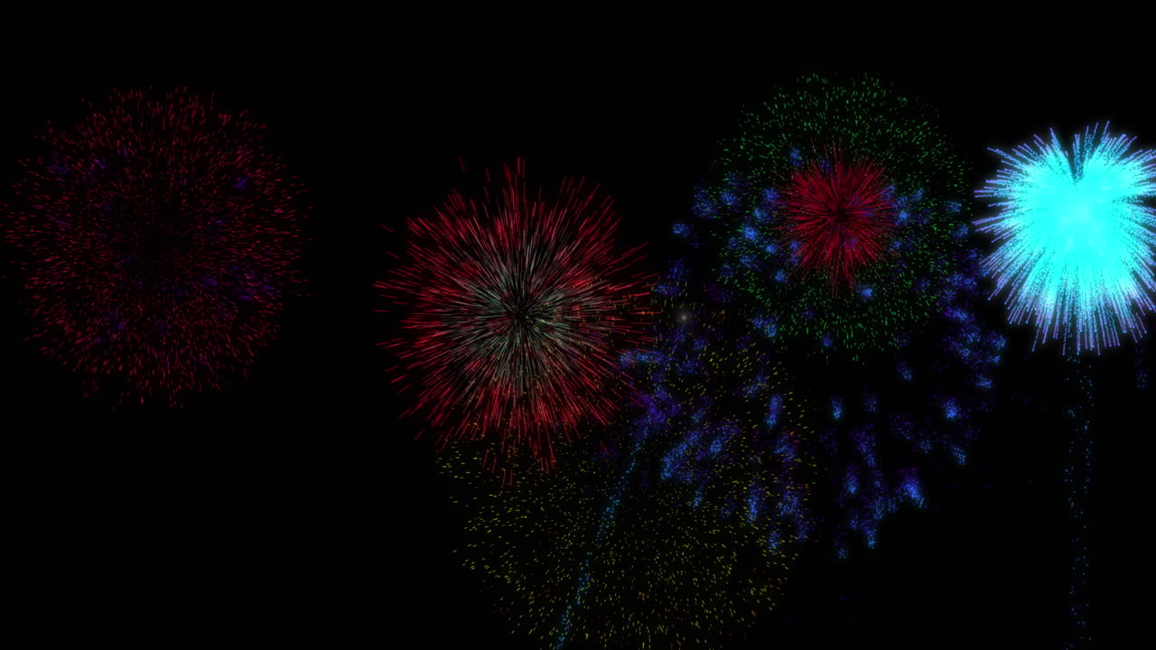 animación de coloridos fuegos artificiales de navidad y año nuevo que explotan en el cielo nocturno