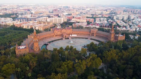 flying around plaza de espana at sunrise, seville, spain, uhd, 4k