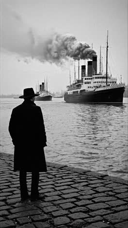 black and white image of a mysterious man wearing a hat standing on a cobblestone street and observing two large steamships leaving the port, emitting dark smoke from their chimneys