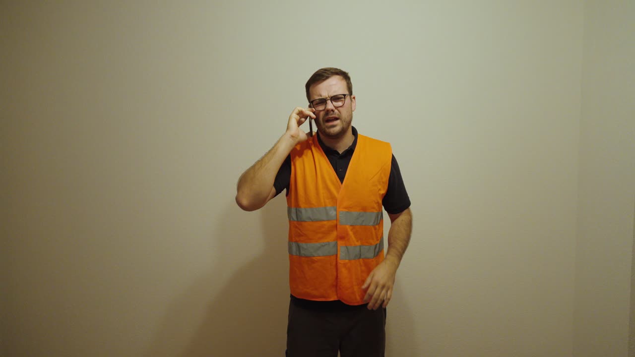 A worker wearing a safety vest coughs and calls by phone to report sick. Concept of illness, workplace health, cold, flu, and responsibility