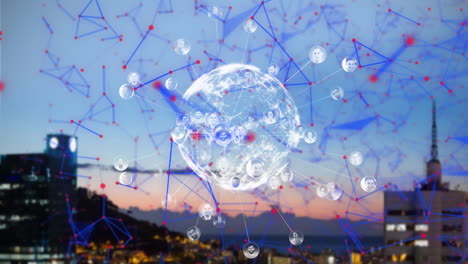animation of globe and data processing over cityscape