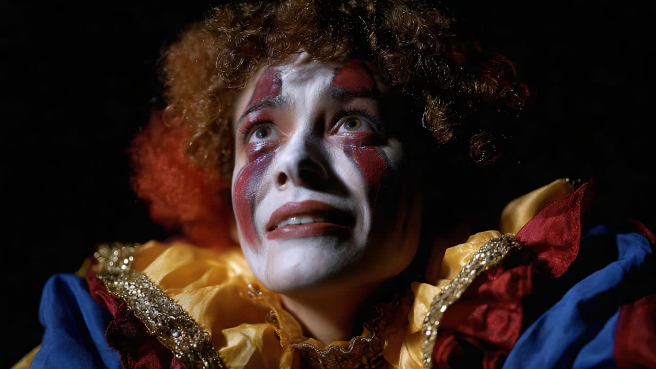 A Distressed Clown in Colorful Costume Portrays Emotion Through Artful Expressions and Dramatic Lighting in a Mysterious Dark Setting Captured on Film