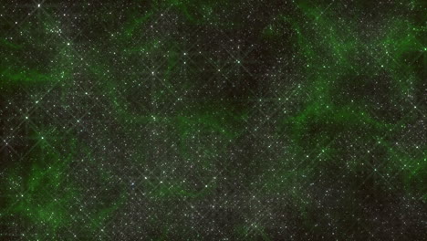 green starry fields and fly glitters and particles in galaxy