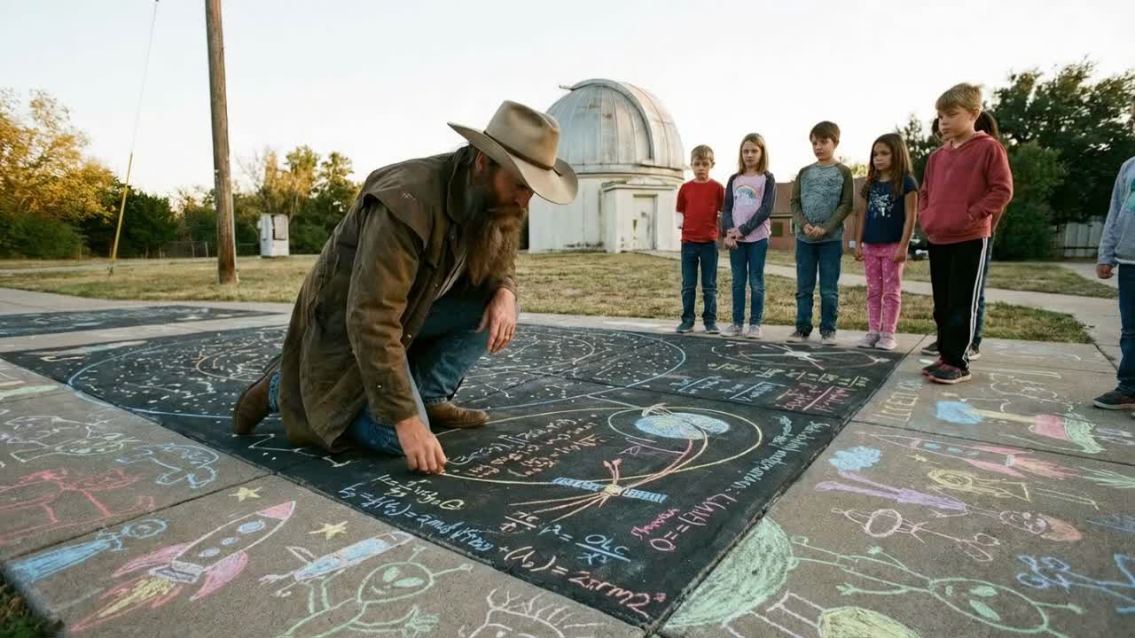 Man Drawing Astronomy Chalk Art for Children